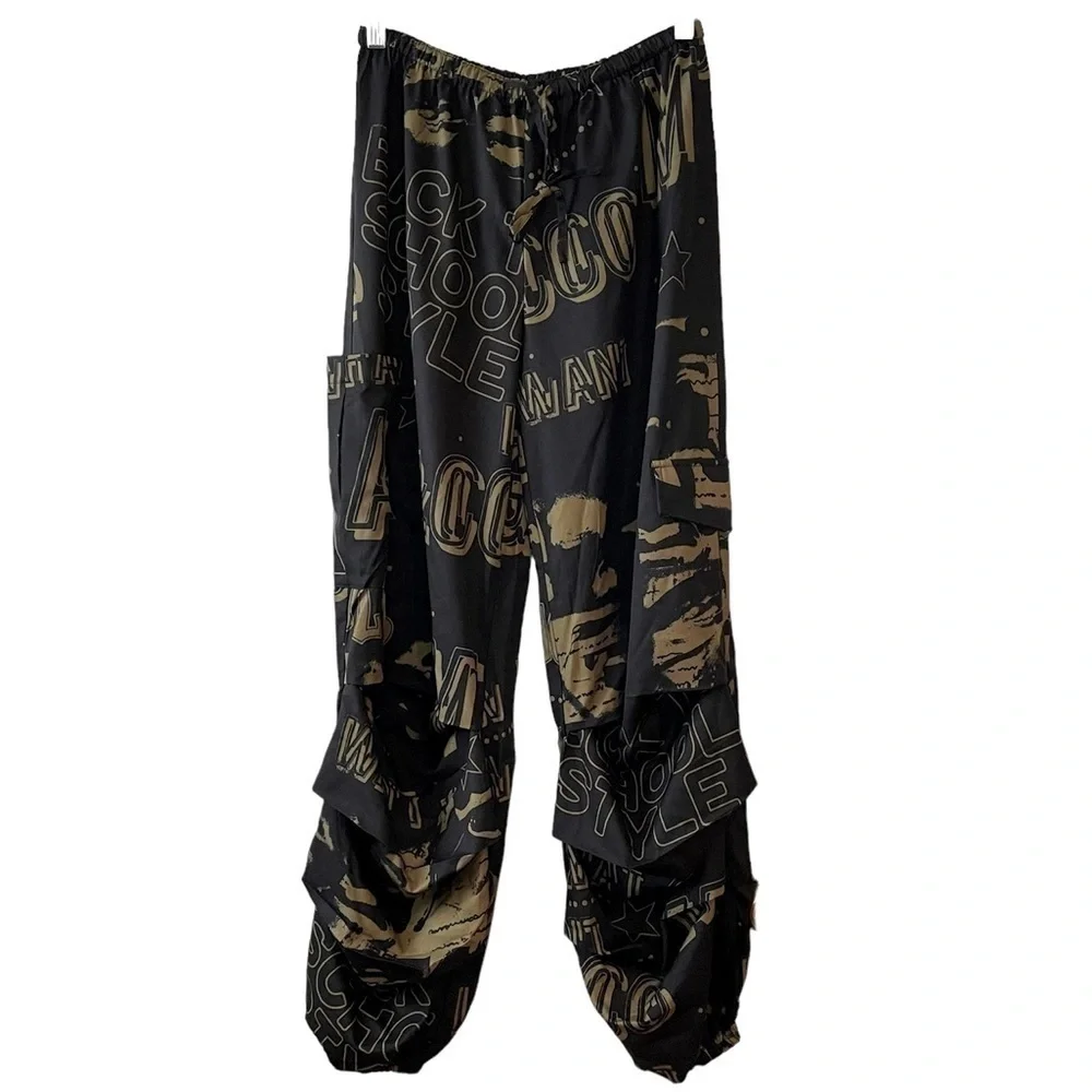 SHEIN Parachute Pants Black Green Elastic Waist Size 4 New - Picture 1 of 15